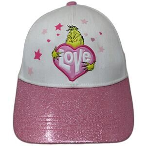 Carnival Baseball Cap White Pink One Size Grinch Love Heart Glitter Seuss Hat